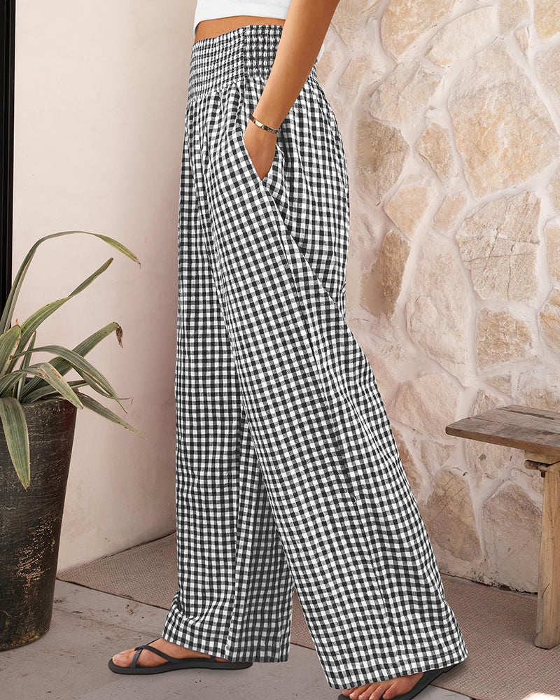 Striped Gingham Wide Leg Pants High Waisted with Pockets
