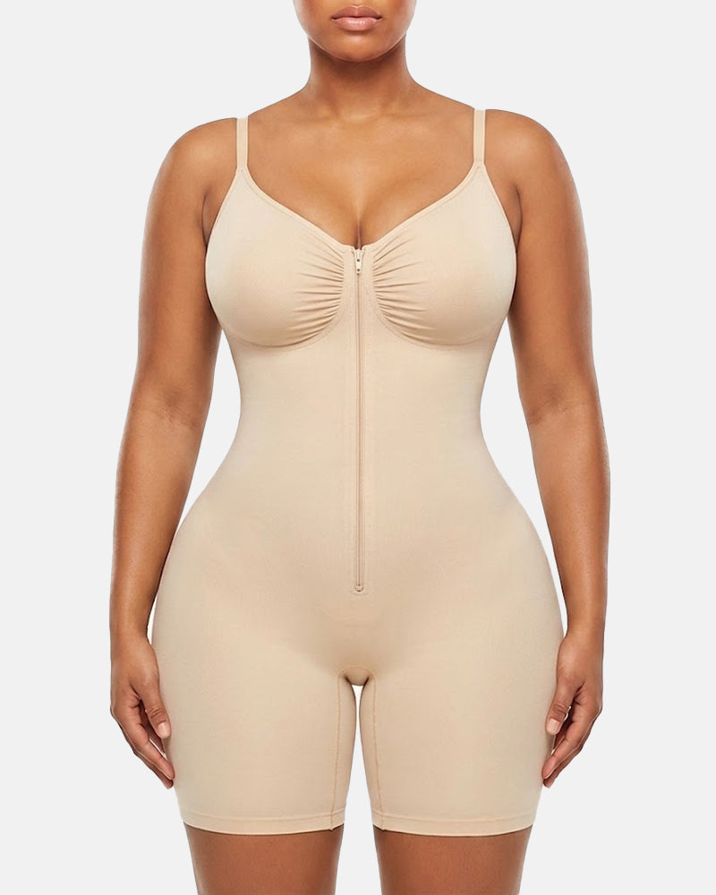 Black zip-up shaping bodysuit feature overview