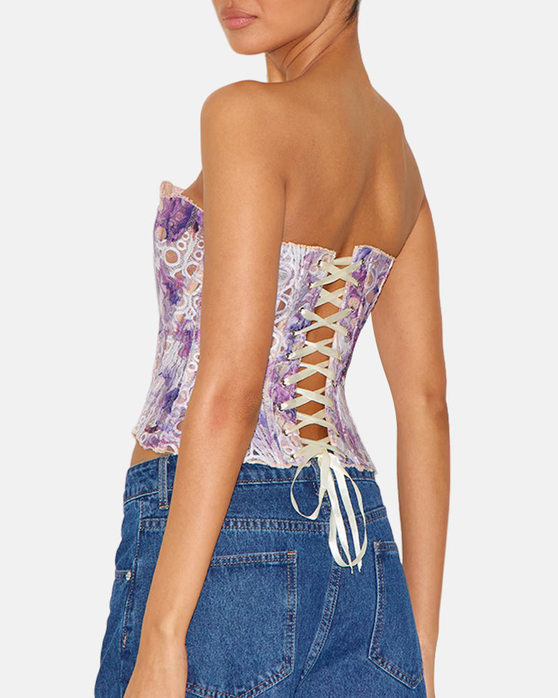 Lace Up Contrast Lace Corset Top Tummy Control Shapewear