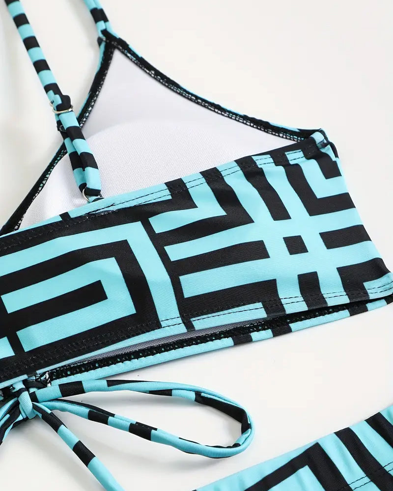 Women's Geometric Print Drawstring Swimsuit Three-Piece Set