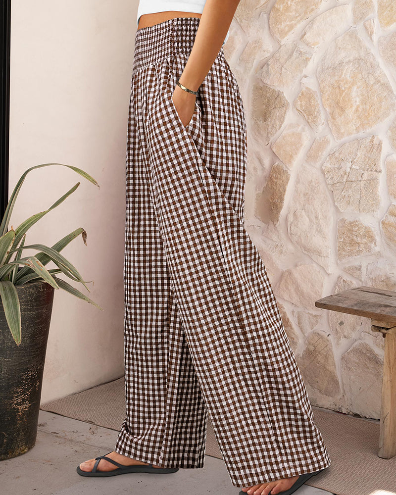 Striped Gingham Wide Leg Pants High Waisted with Pockets
