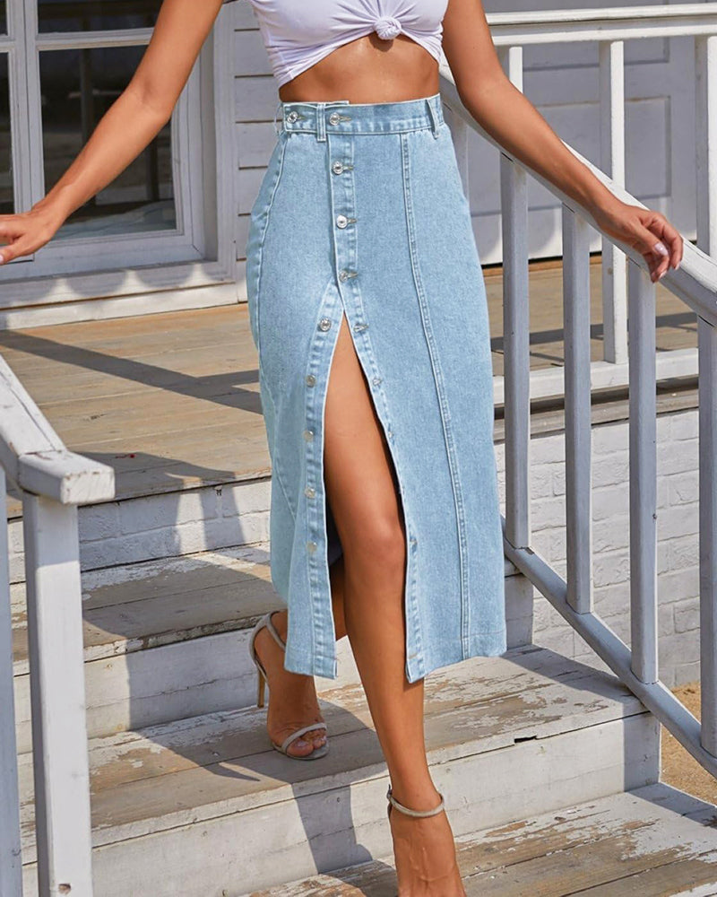 The All-Seasons High Waisted Button Front Denim Skirt