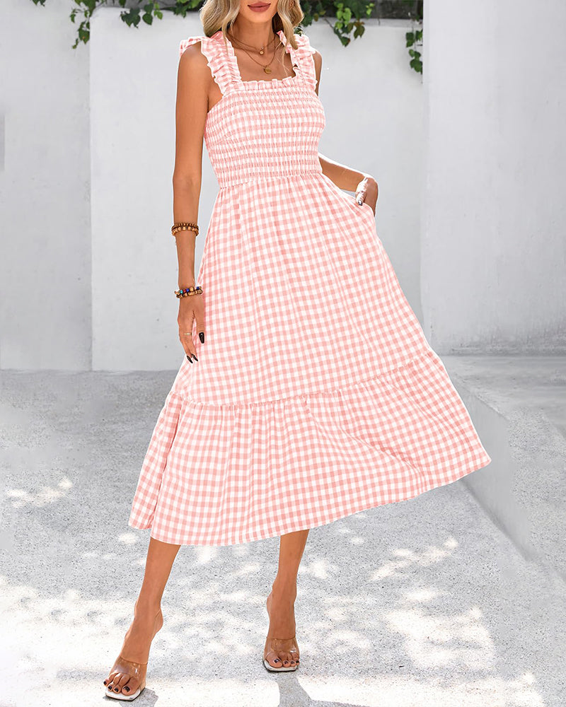 Vestido de guinga retro fluido fruncido con bolsillos