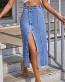 The All-Seasons High Waisted Button Front Denim Skirt