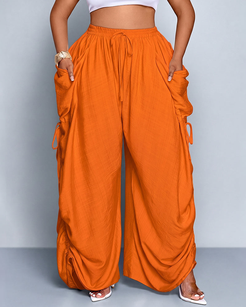 Pantalones de pernera ancha, casuales y de talla grande con ajuste holgado, lazo en la cintura y bolsillos