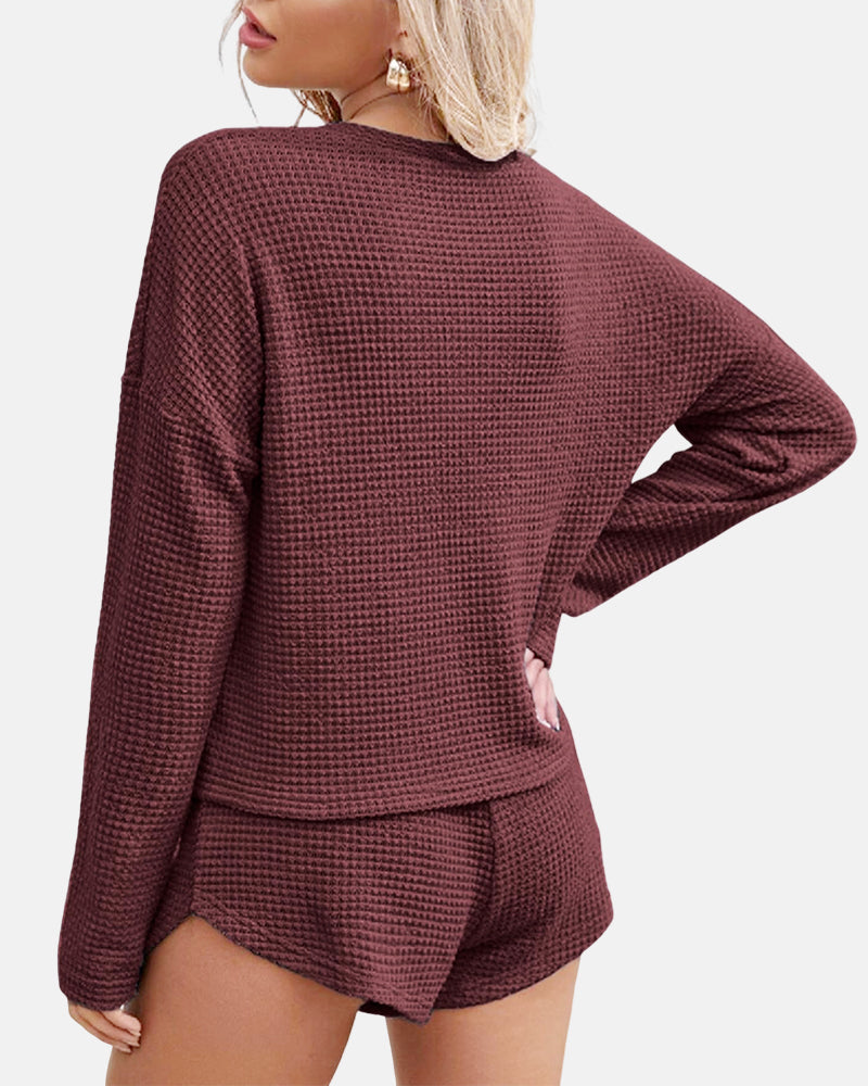 Womens Waffle Knit Pajama Sets Long Sleeve Top and Shorts Matching