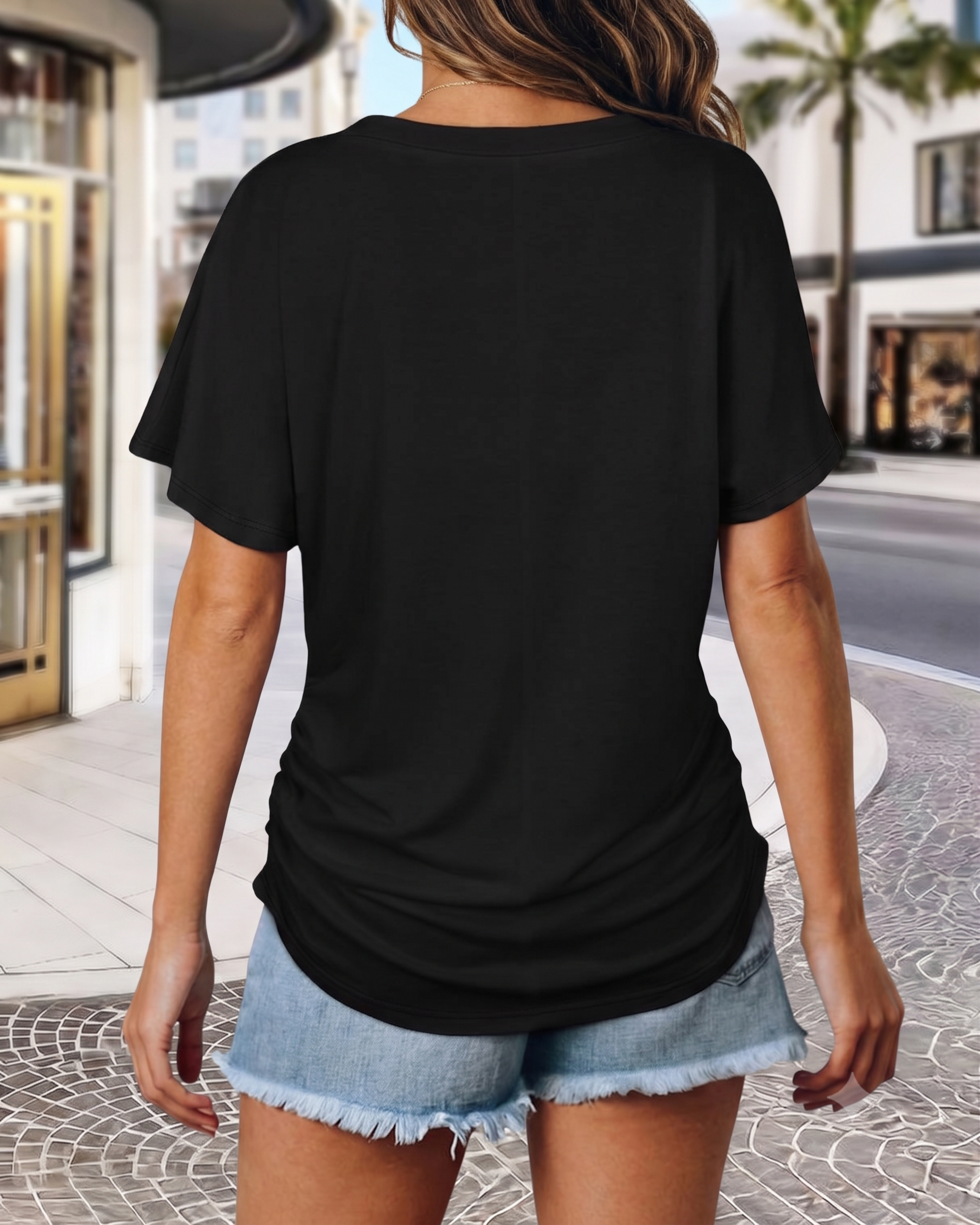 Soft V-Neck Dolman Loose Fit T-Shirt with Side Ruching