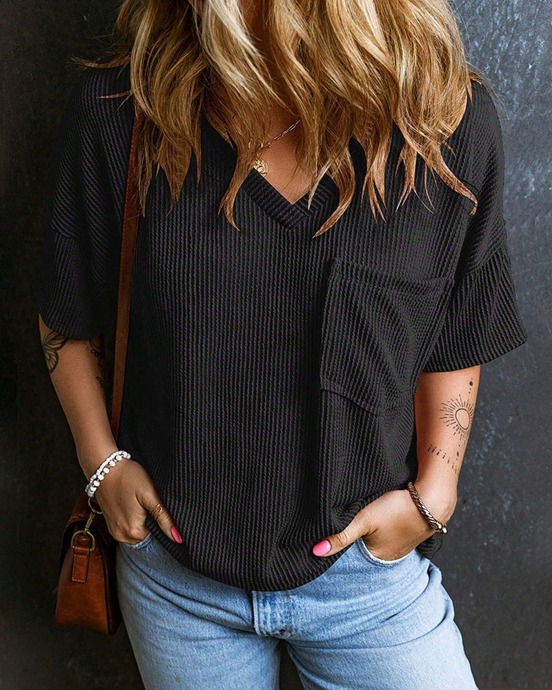 Textured V-Neck Dropped Shoulder Relaxed Tee