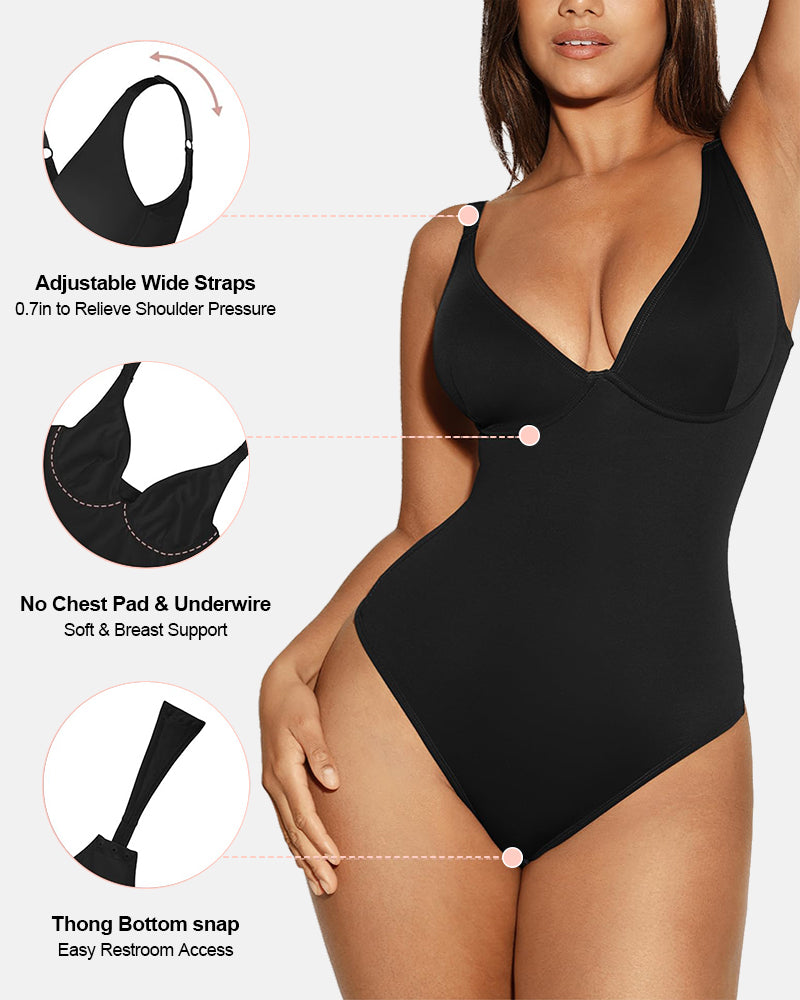 Deep V Neck Tummy Control Thong Bodysuit