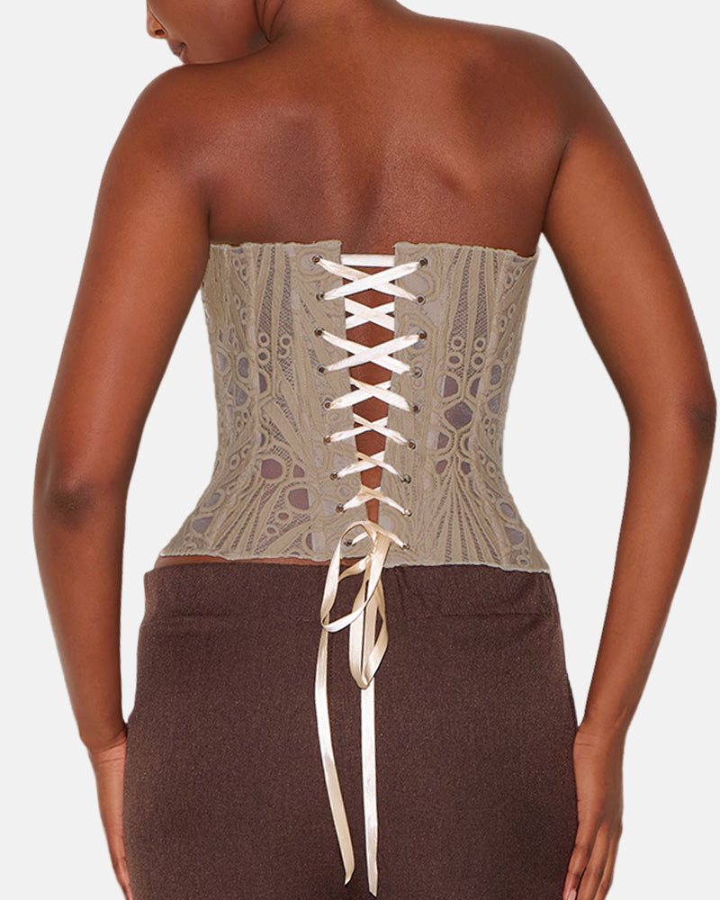 Lace Up Contrast Lace Corset Top Tummy Control Shapewear