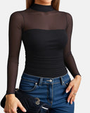 Illusion Mesh Turtleneck Long Sleeve Tummy Control Bodysuit