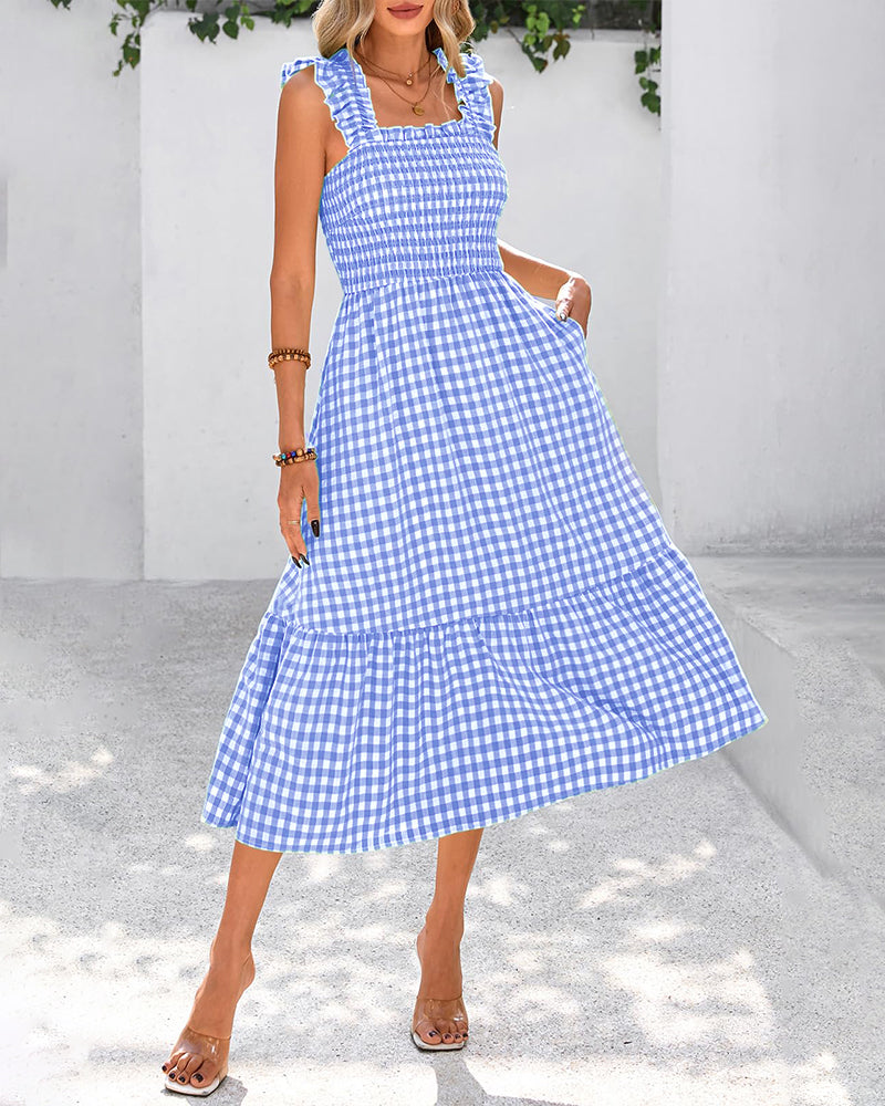 Vestido de guinga retro fluido fruncido con bolsillos
