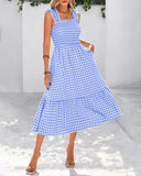 Vestido de guinga retro fluido fruncido con bolsillos