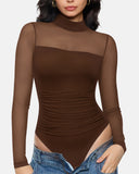 Illusion Mesh Turtleneck Long Sleeve Tummy Control Bodysuit