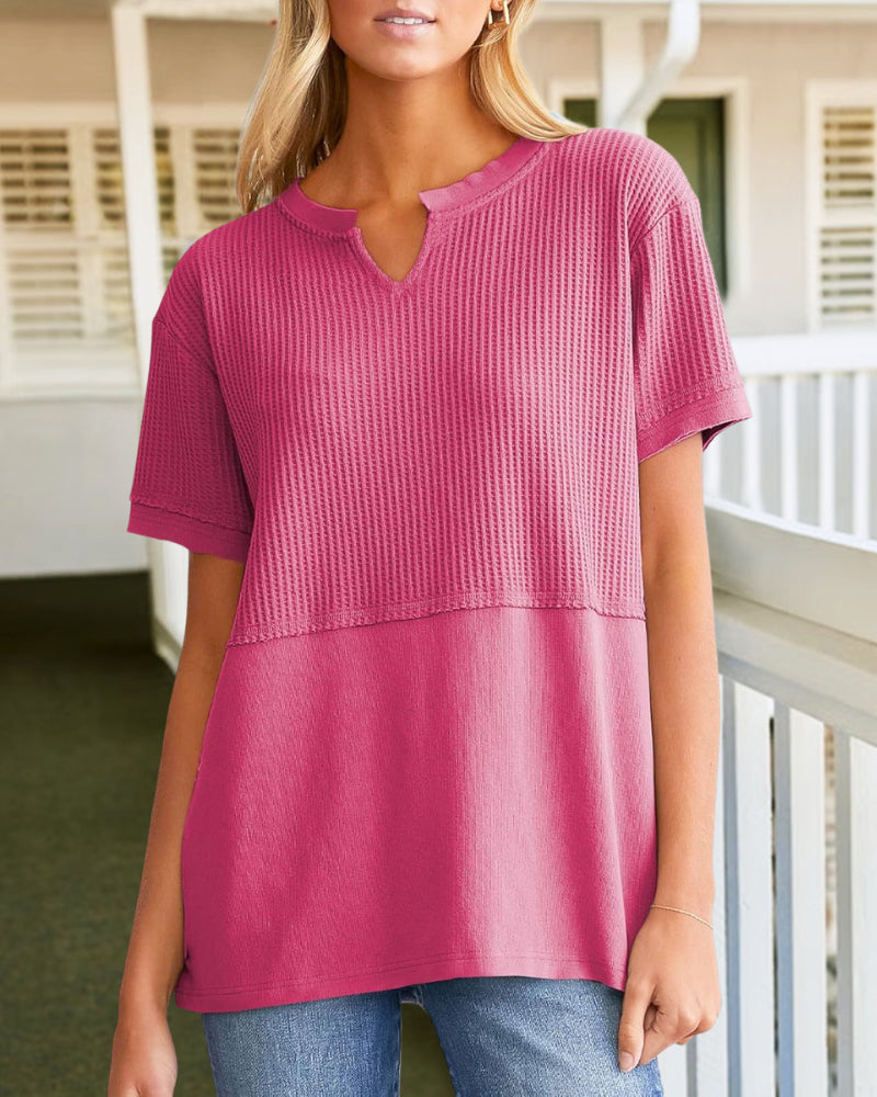 Summer Cozy Oversized Waffle Knit V-Neck Top