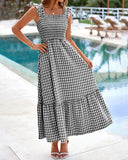 Vestido de guinga retro fluido fruncido con bolsillos