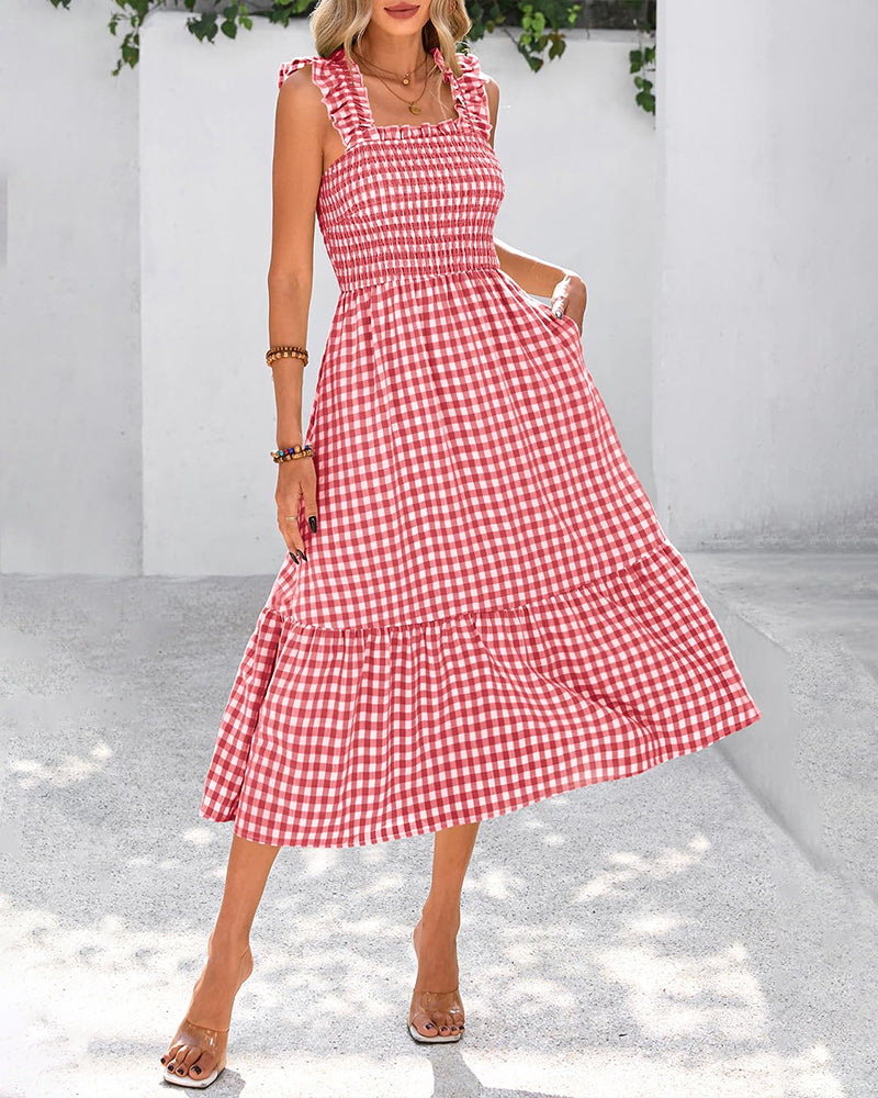 Vestido de guinga retro fluido fruncido con bolsillos