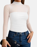 Illusion Mesh Turtleneck Long Sleeve Tummy Control Bodysuit