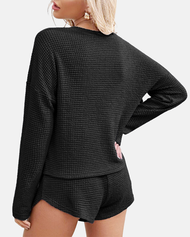 Womens Waffle Knit Pajama Sets Long Sleeve Top and Shorts Matching