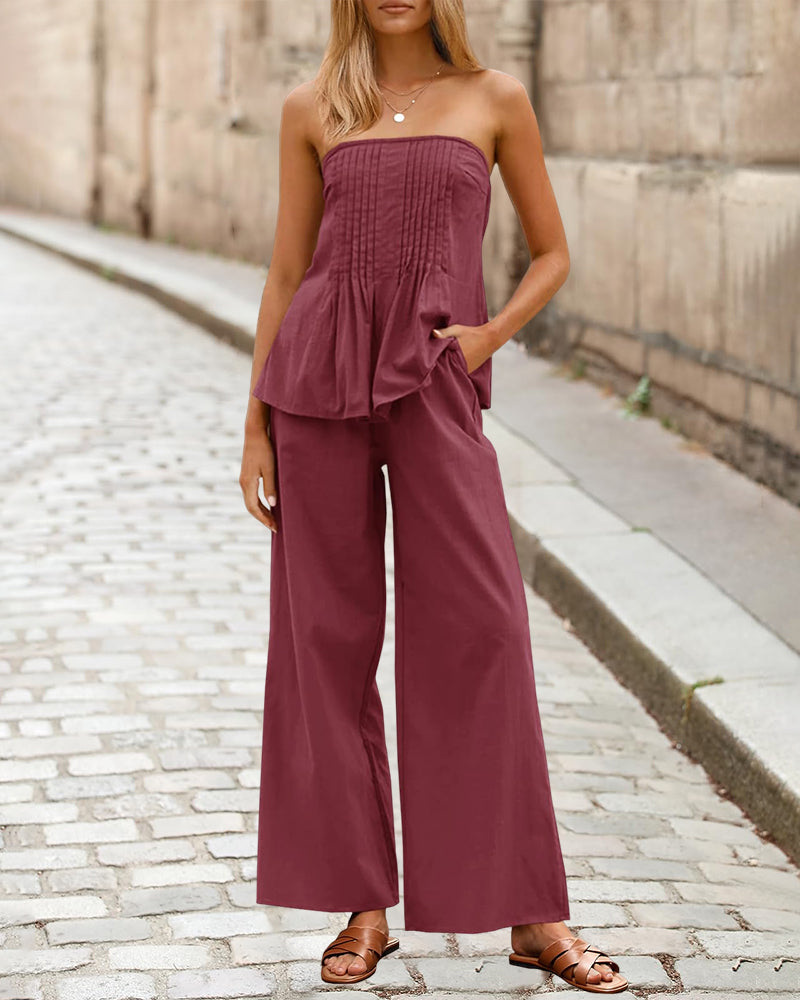 Conjunto de verano de 2 piezas para mujer – Top sin tirantes y pantalón de pierna ancha