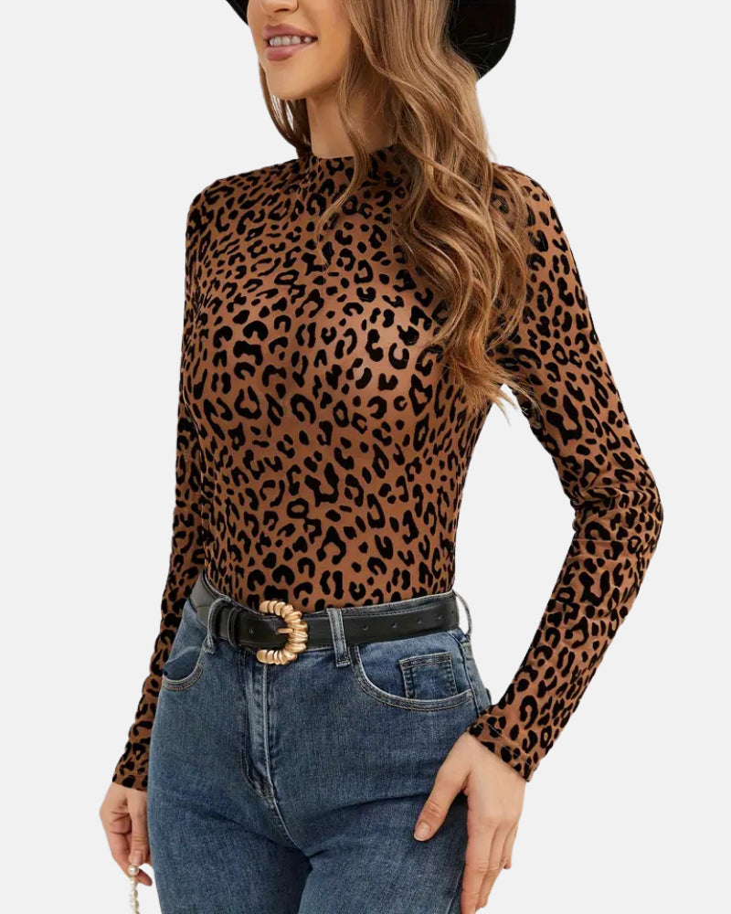 Top de malla transparente sexy con estampado de leopardo y cuello alto