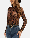 Top de malla transparente sexy con estampado de leopardo y cuello alto