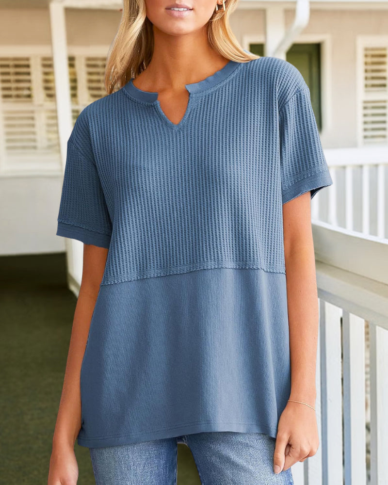 Summer Cozy Oversized Waffle Knit V-Neck Top