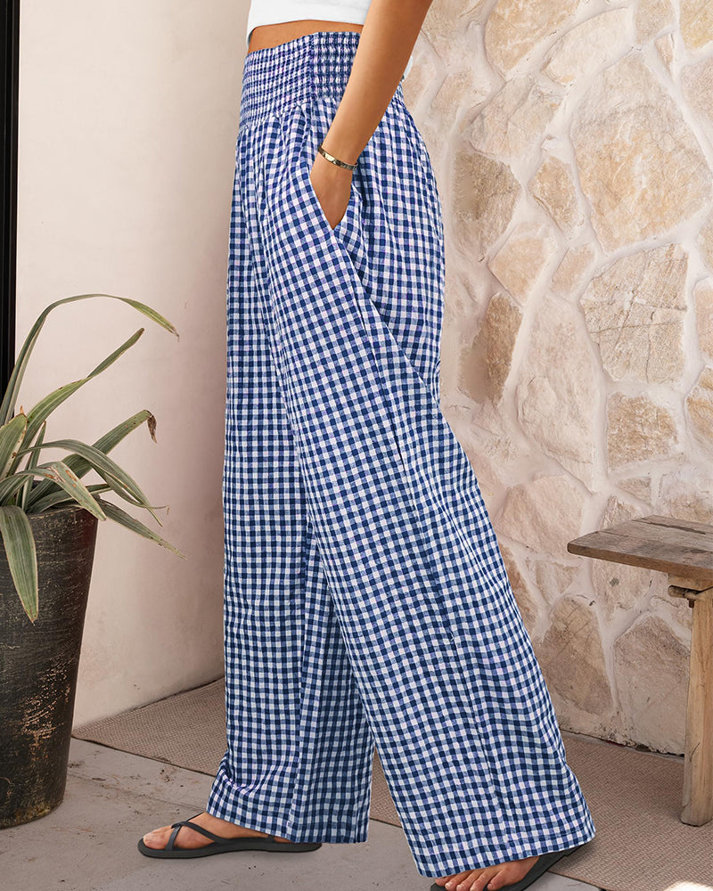 Striped Gingham Wide Leg Pants High Waisted with Pockets