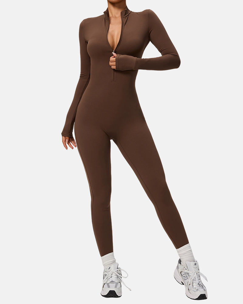 Women Zip Up Long Sleeve Workout Jumpsuit