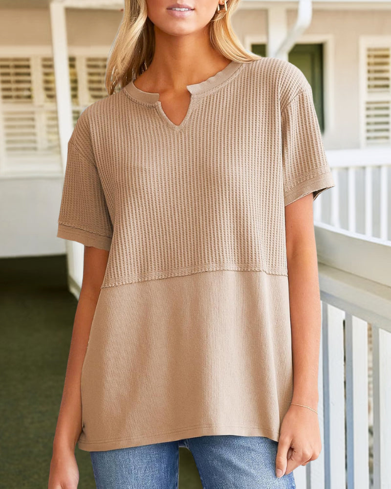 Summer Cozy Oversized Waffle Knit V-Neck Top
