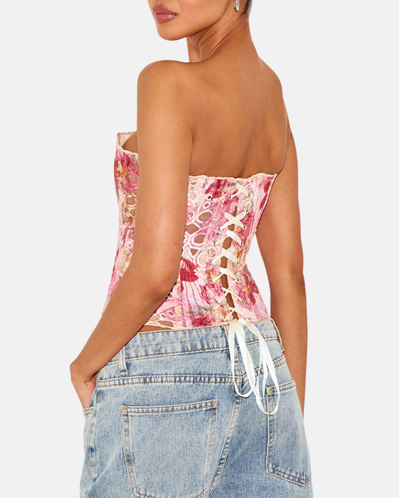 Lace Up Contrast Lace Corset Top Tummy Control Shapewear