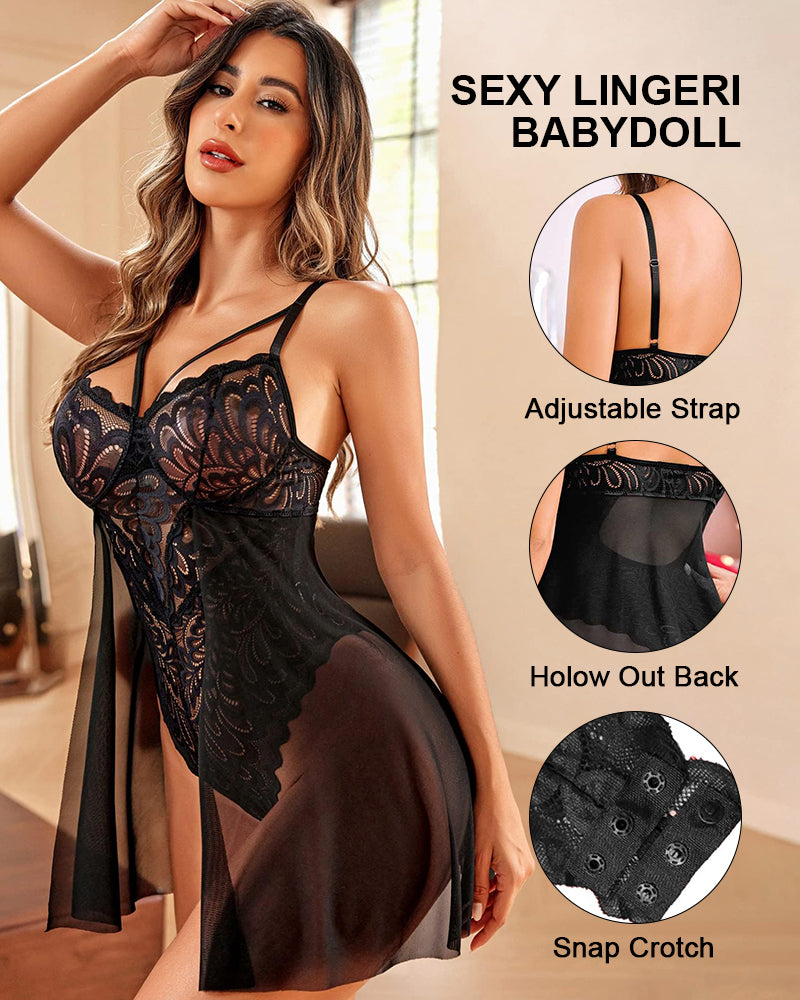Womens Lace Babydoll Deep V Neck Open Back Sleepwear