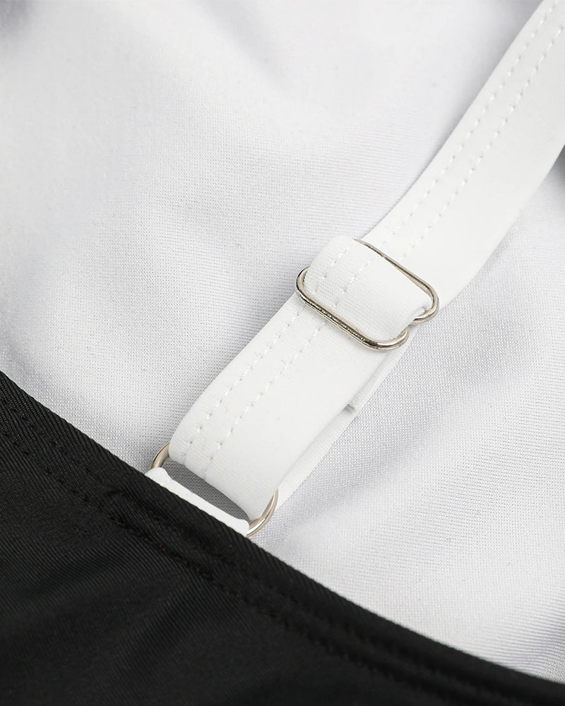 Plus Size Full Coverage Tummy Control Retro Color Block Swimwear