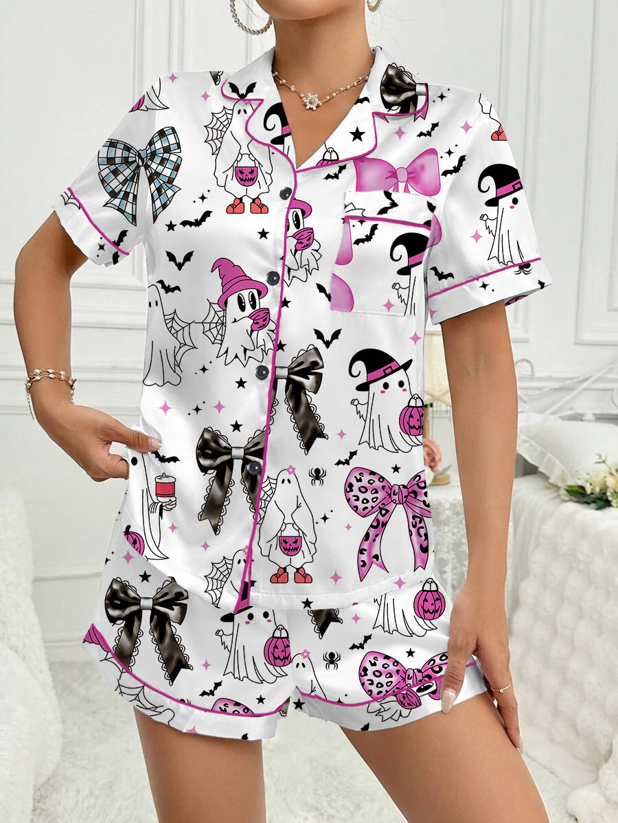 Spooky & Luxe: 2025 Retro Halloween Silk Satin Pajama Set