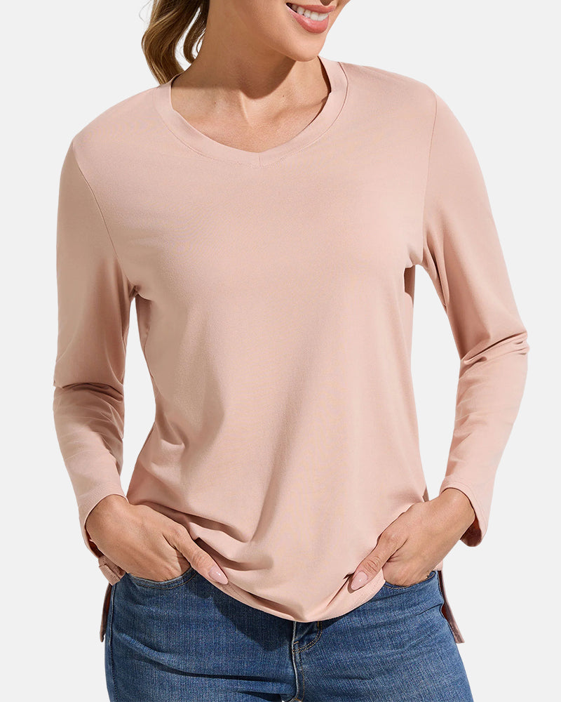 Women’s V-Neck Long Sleeve Casual Top — Loose Fit Basic Tee