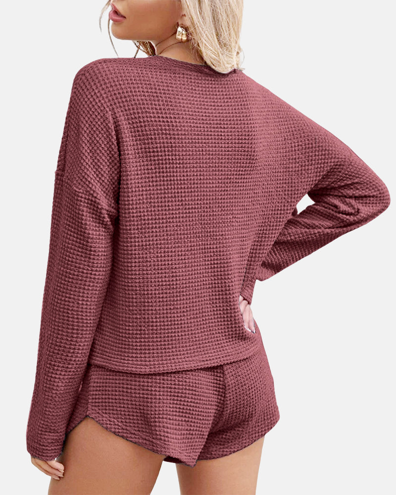 Womens Waffle Knit Pajama Sets Long Sleeve Top and Shorts Matching