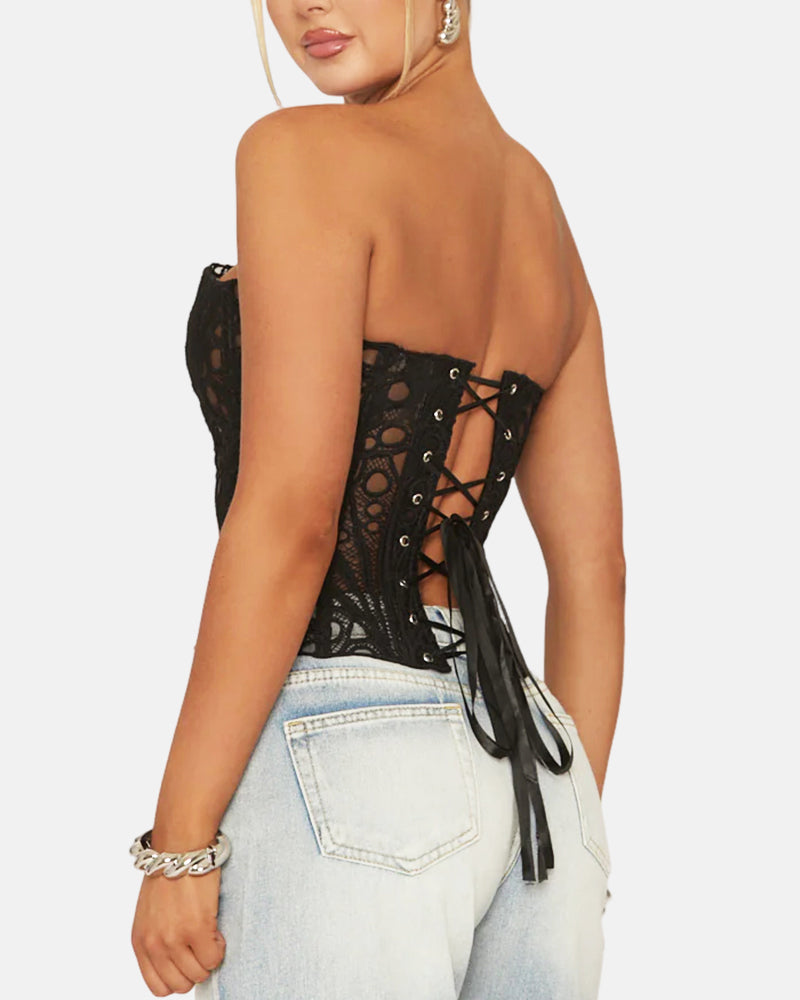 Lace Up Contrast Lace Corset Top Tummy Control Shapewear