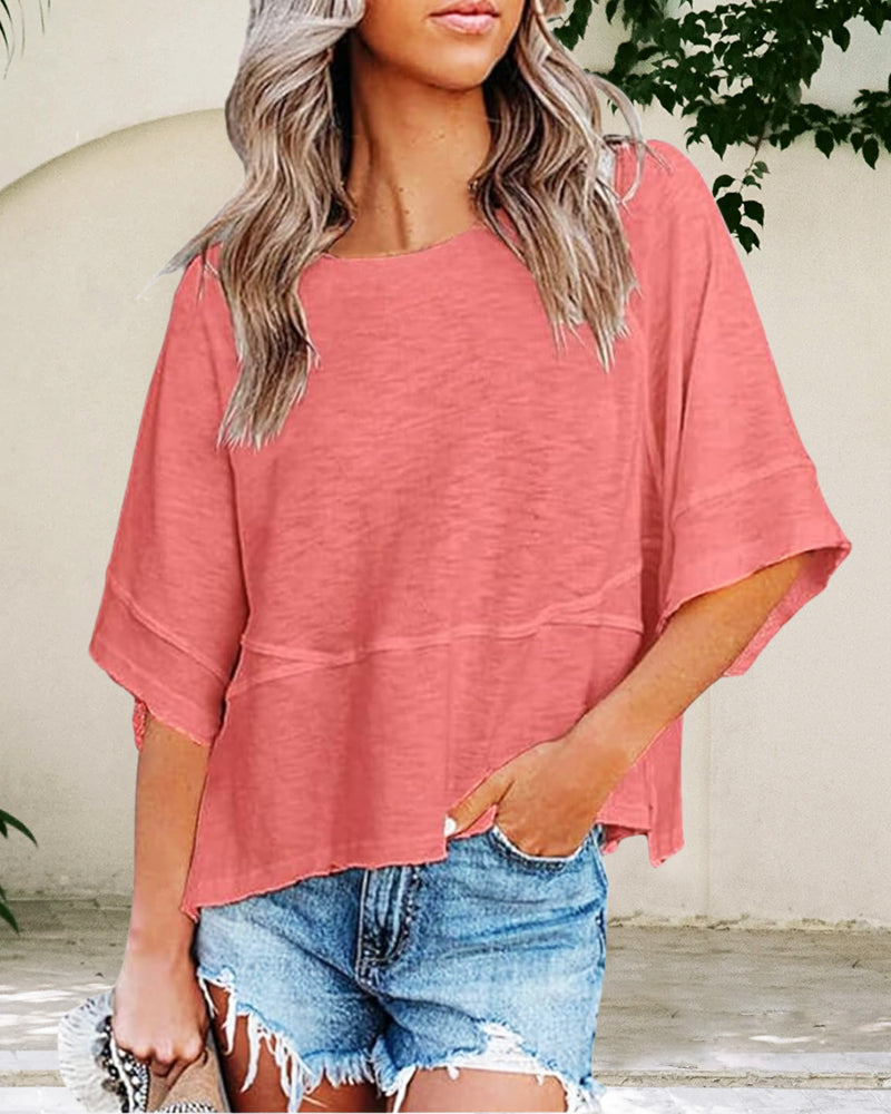 Camisetas de manga murciélago de cuello redondo de color liso
