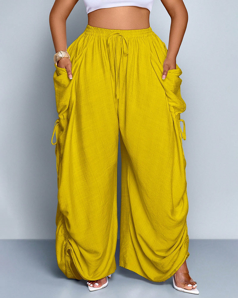 Pantalones de pernera ancha, casuales y de talla grande con ajuste holgado, lazo en la cintura y bolsillos