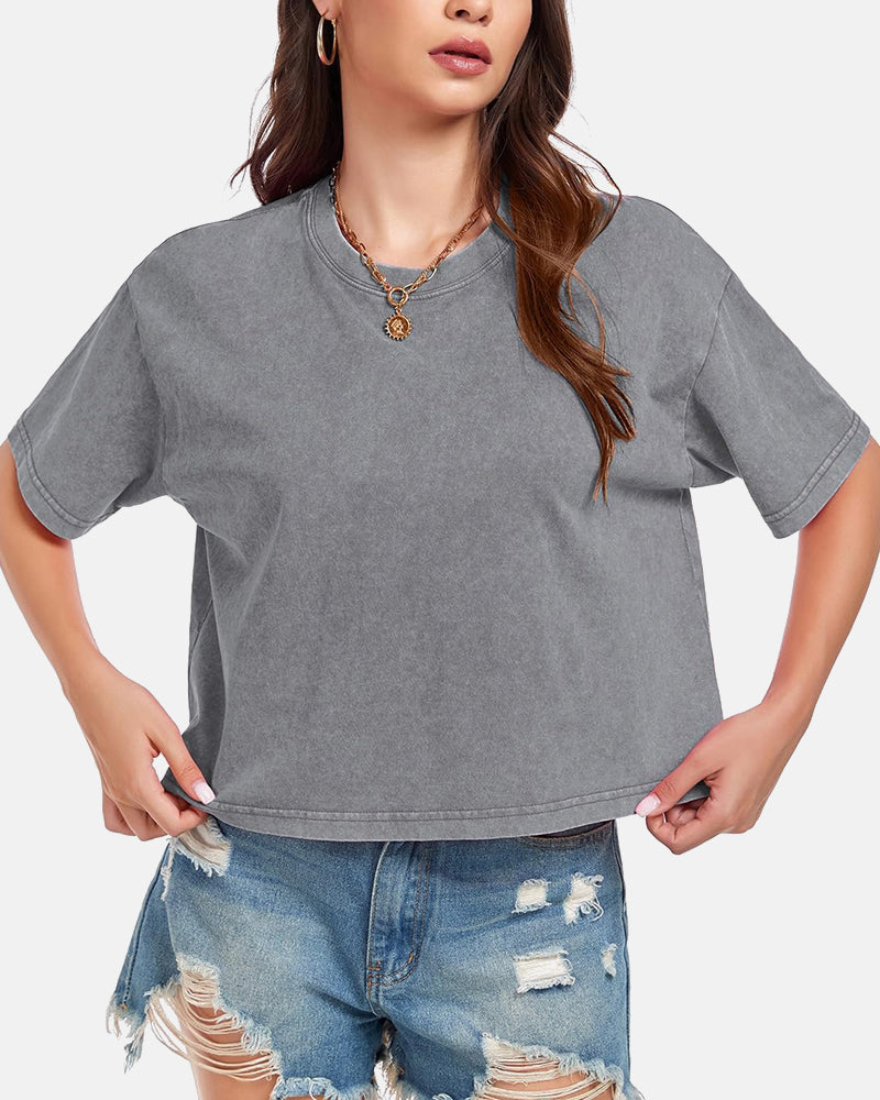 Oversized Vintage Acid Wash Cotton Cropped T Shirts