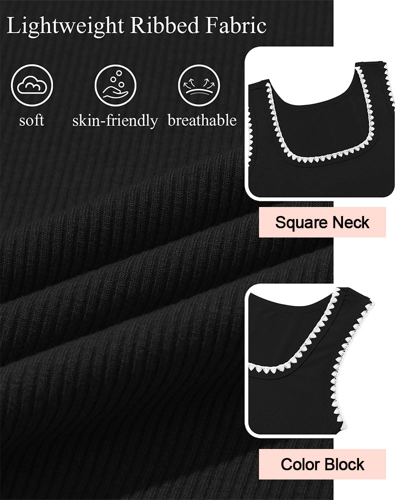Camisetas sin mangas acanaladas de cuello cuadrado con bloques de color, ajustadas y casuales