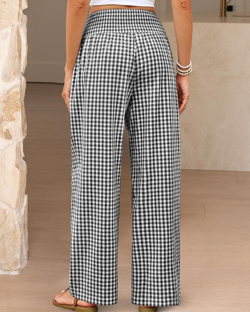 Striped Gingham Wide Leg Pants High Waisted with Pockets