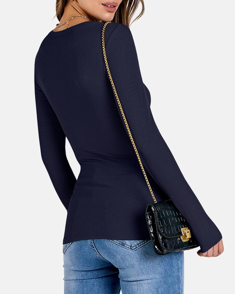 Women Full Length Long Sleeve Rib Knit Slim Fit Tops