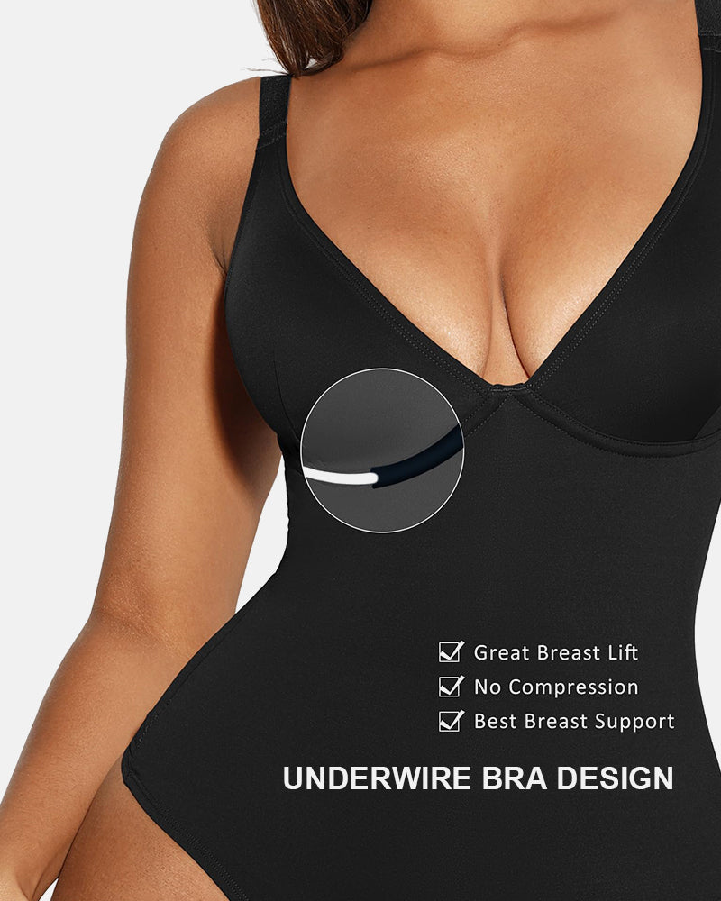 Deep V Neck Tummy Control Thong Bodysuit