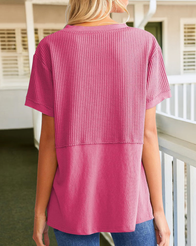 Summer Cozy Oversized Waffle Knit V-Neck Top