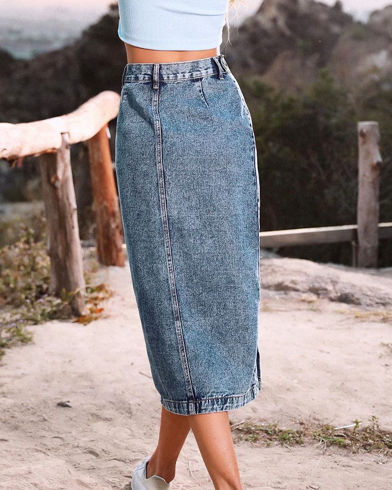 The All-Seasons High Waisted Button Front Denim Skirt