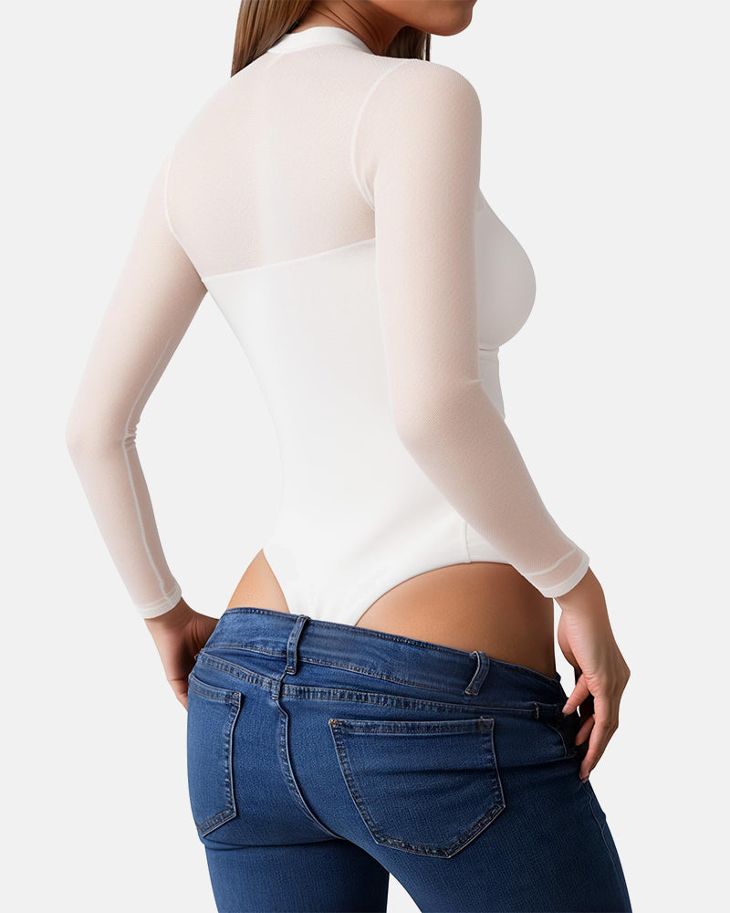Illusion Mesh Turtleneck Long Sleeve Tummy Control Bodysuit
