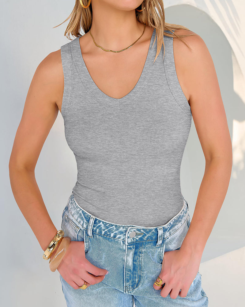 Camisetas sin mangas entalladas de punto acanalado con cuello en V