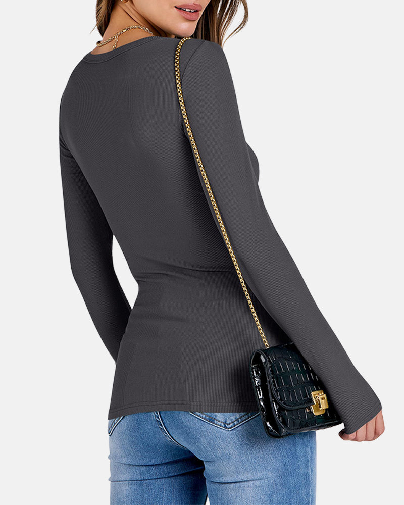 Women Full Length Long Sleeve Rib Knit Slim Fit Tops