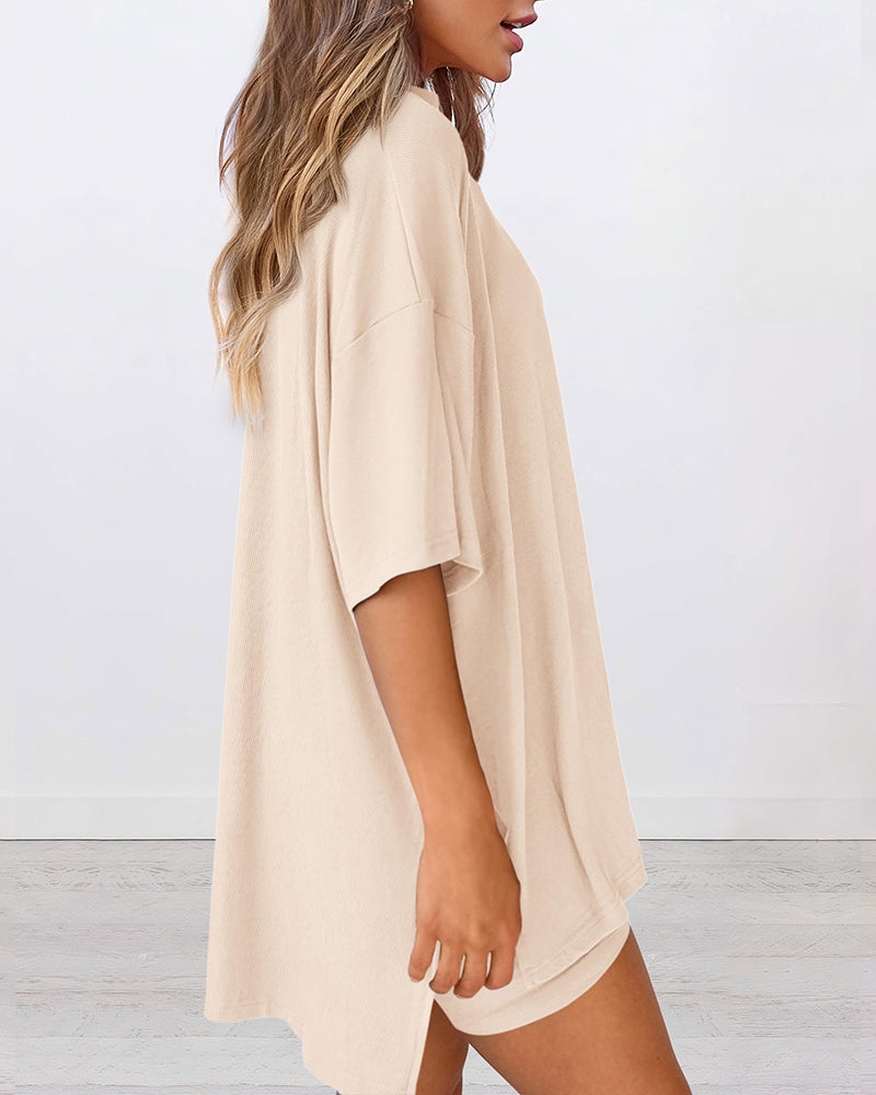 Summer Casual Oversized Lounge Set with Split Hem Shirts & Side Pocket Biker Shorts
